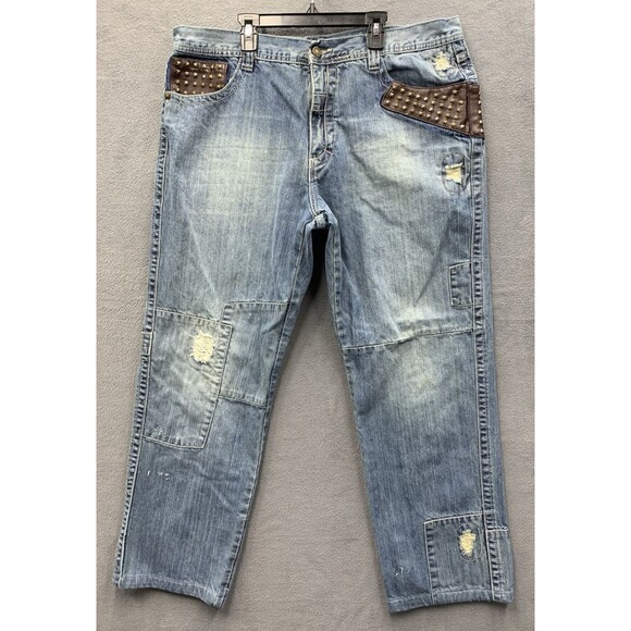 Vtg Pelle Pelle Mens Denim Jeans Punk Studded Pockets Patched Grunge Size 40X30